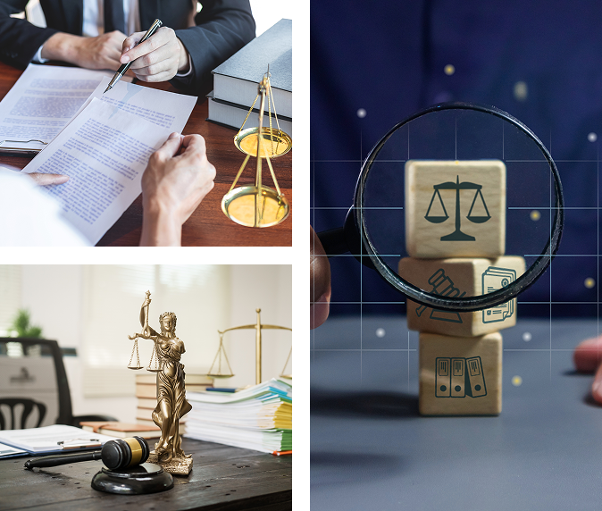 Legal symbols and documents in collage.