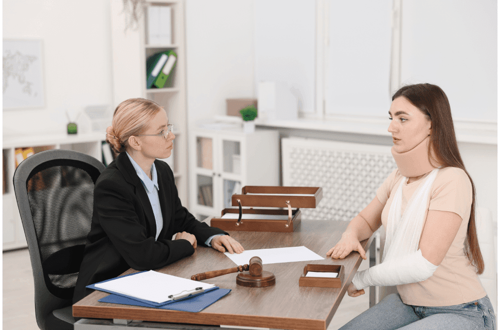 Injured woman consulting with a lawyer.