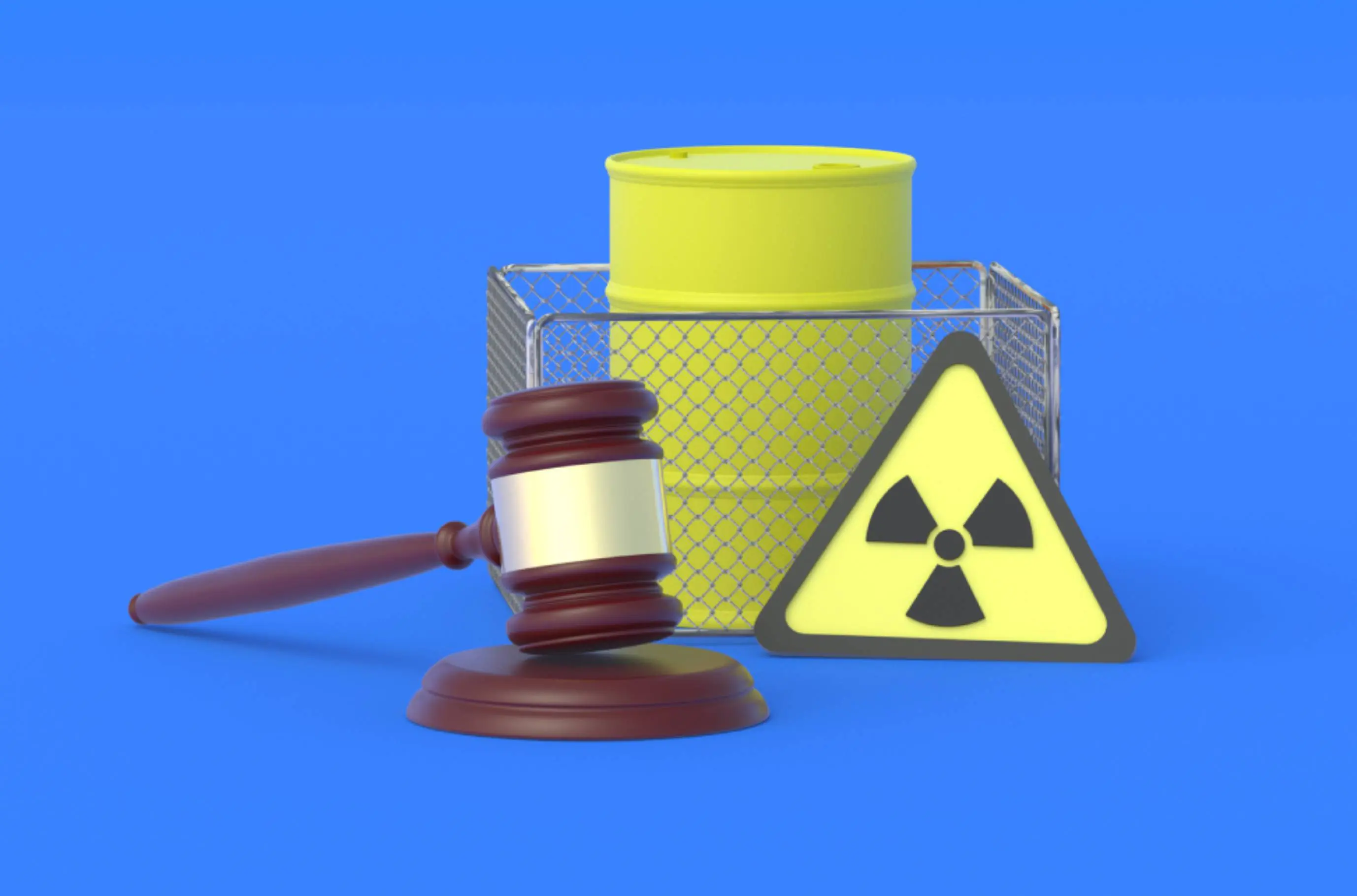 Gavel, radioactive barrel, and warning sign.