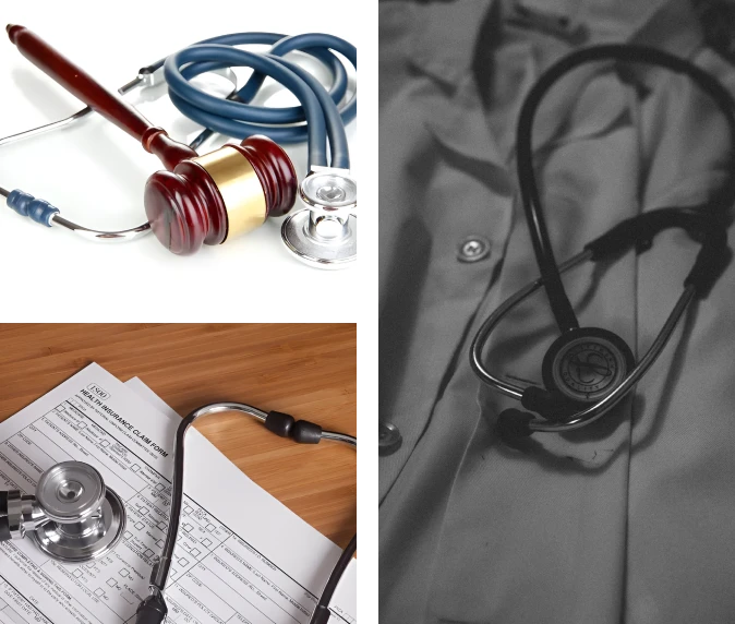Collage of medical and legal symbols including a gavel, stethoscope, and documents.